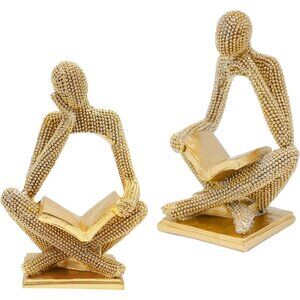 Sparkling Gold Reading Women Statue Thinker Sculpture Abstract Ornament L/R